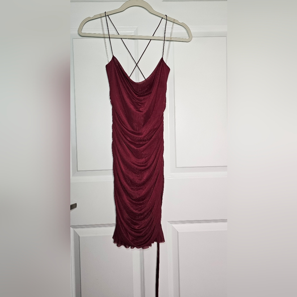 Burgundy Ruched Cowl Neck Mini Dress with Crisscross Straps – Size M